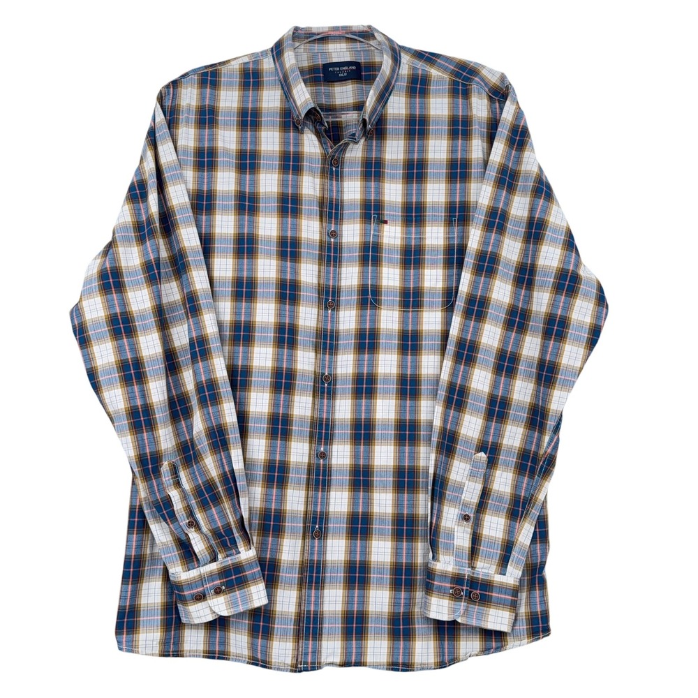 Peter England Casuals Men XXL Plaid Button Down Shirt Blue Tan‎ Long Sleeve